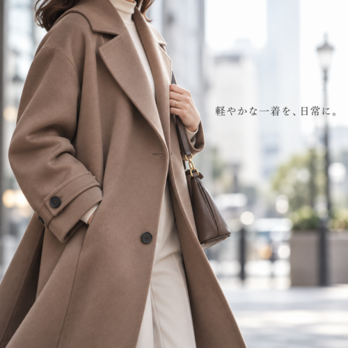 街中でベージュのウールコートを着用する女性。柔らかな生地感と軽やかなシルエット